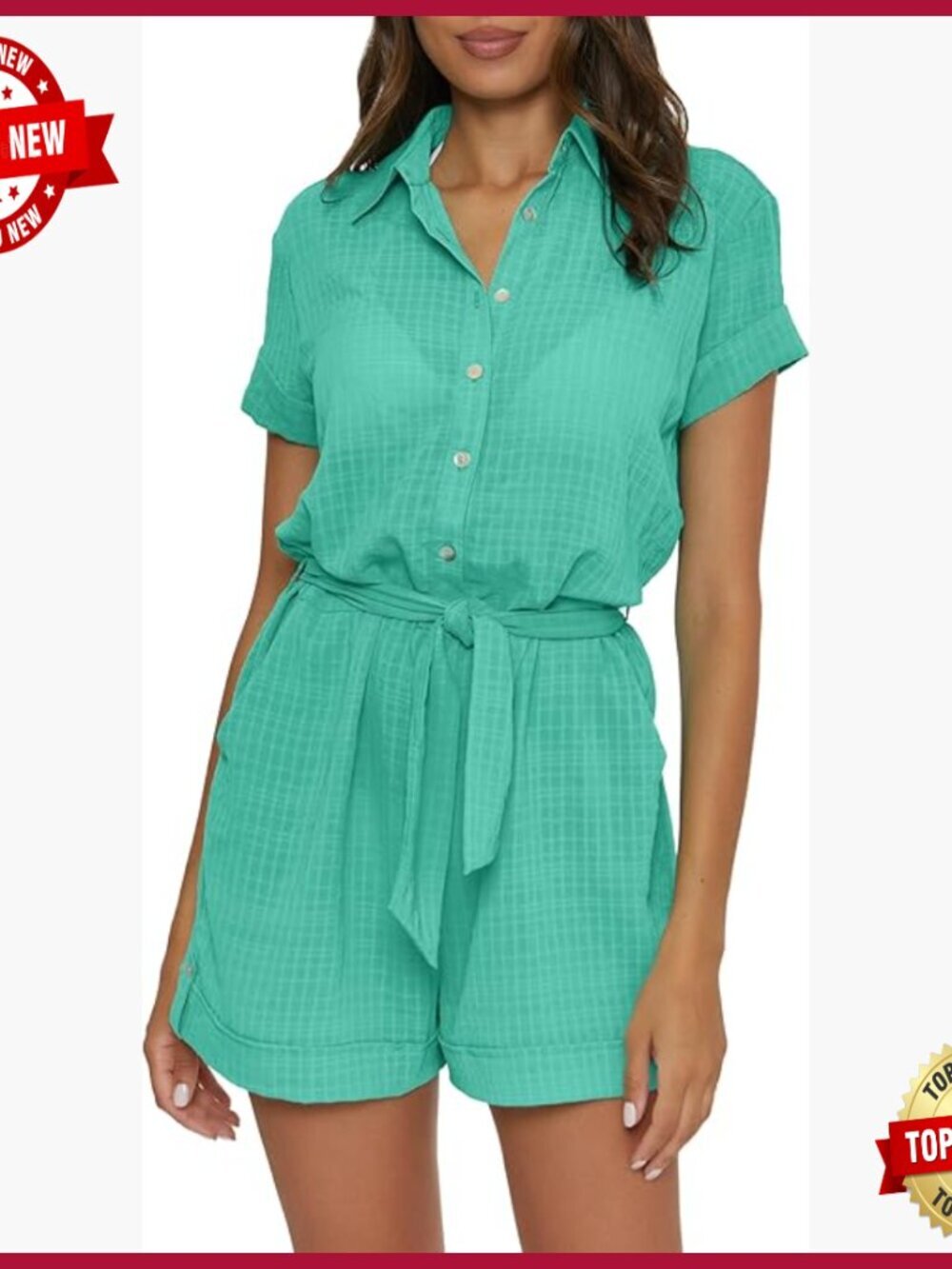 Collared Button-Up Short Romper with Belt, Beach Cover Up, Size M